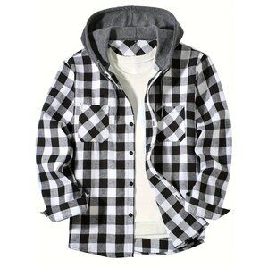 Men's Flannel Hoodie Jacket Casual Long Sleeve Button Down Plaid Shirt White